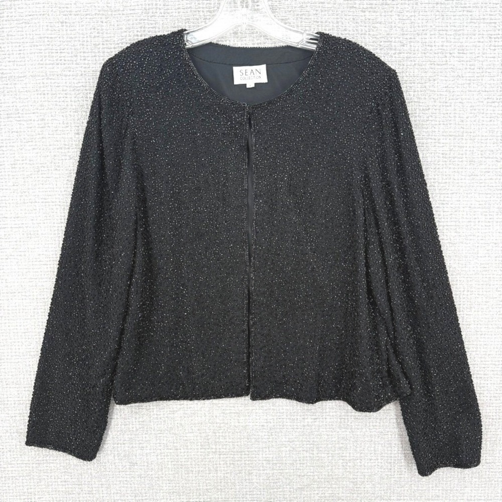 Vintage Sean Collection Beaded Silk Jacket Women Large Black Formal Goth Boho